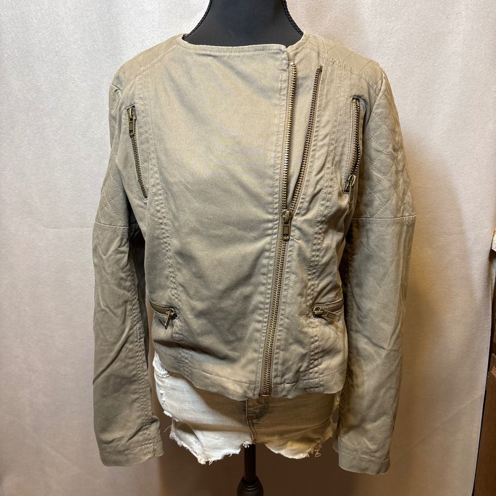 Mango Casual Womens Khaki Cotton Moto Jacket Quilted Asymmetric Zip Size 6 M
